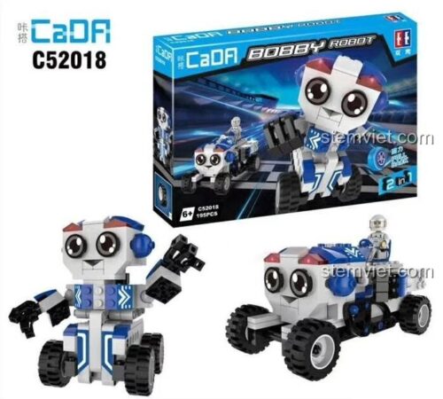 Hộp sản phẩm và 2 mô hình lắp được từ bộ lắp ráp Robot Bobby C52018 của CaDA, bao gồm robot và xe đua, 195 chi tiết.