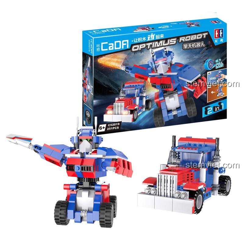 Hộp bộ lắp ghép Robot Biến Hình Optimus Prime CaDA C52019, mô tả tính năng biến hình 2 trong 1, quà tặng sinh nhật.