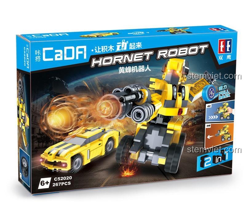 Hộp sản phẩm bộ đồ chơi CaDA C52020 Robot Biến Hình Ong Vàng, hiển thị số chi tiết 267 mảnh và độ tuổi 6+, món quà đáng tiền cho bé trai.