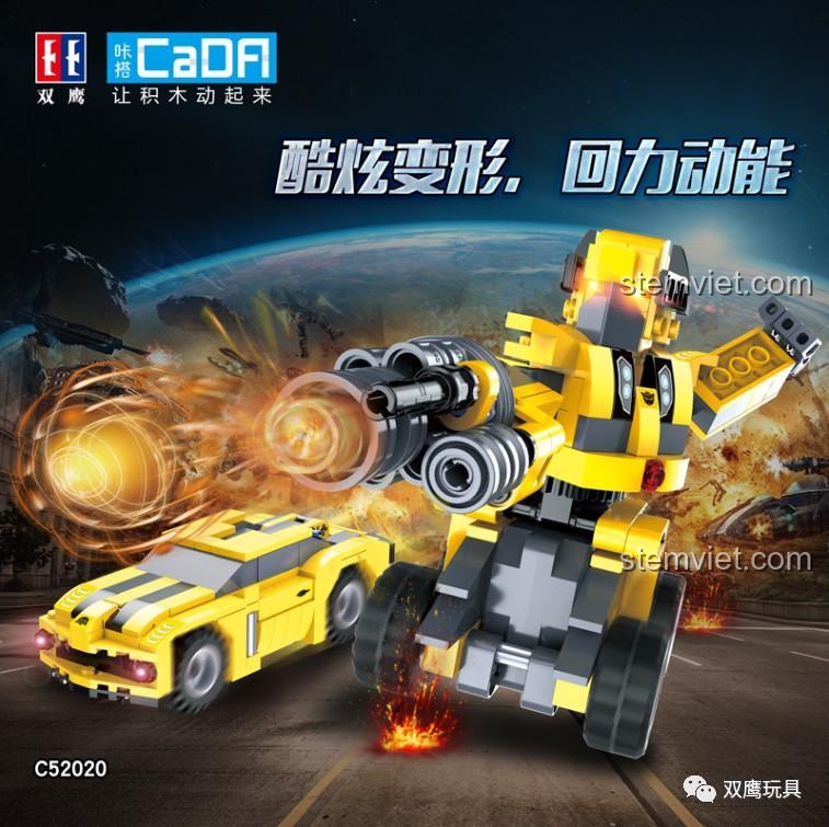 Đồ chơi lắp ráp Robot Biến Hình Bumblebee CaDA C52020, thể hiện tính năng biến hình 2 trong 1 và động cơ kéo lùi mạnh mẽ, dành cho bé trai 6 tuổi.