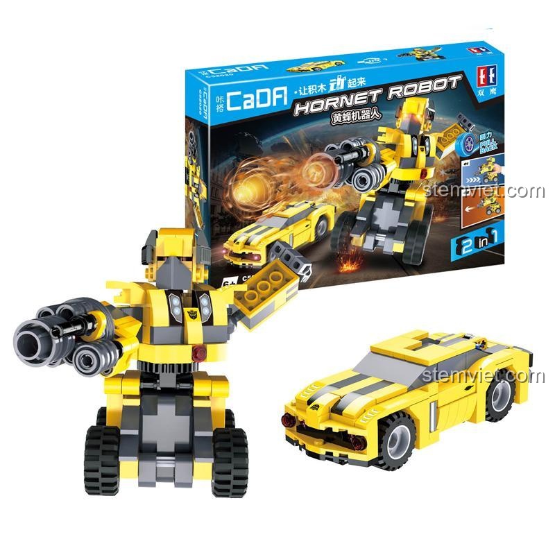 Bộ lắp ghép Robot Biến Hình Ong Vàng Double Eagle C52020, thể hiện khả năng biến hình ấn tượng từ robot sang xe và ngược lại, phù hợp bé trai 6 tuổi.
