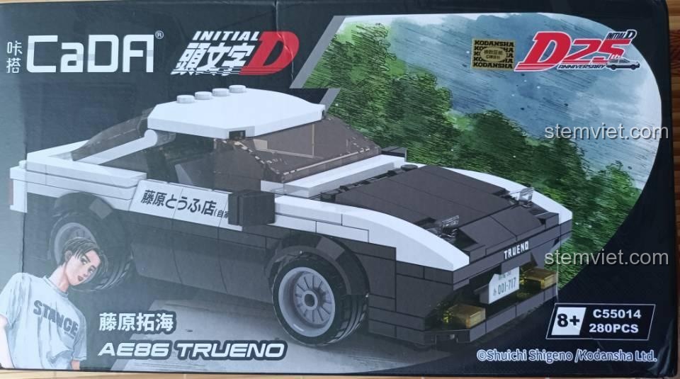 Ảnh hộp sản phẩm CaDA C55014 Toyota AE86, bộ lắp ráp xe Initial D, có hình ảnh Fujiwara Takumi, đồ chơi mô hình chất lượng cao.