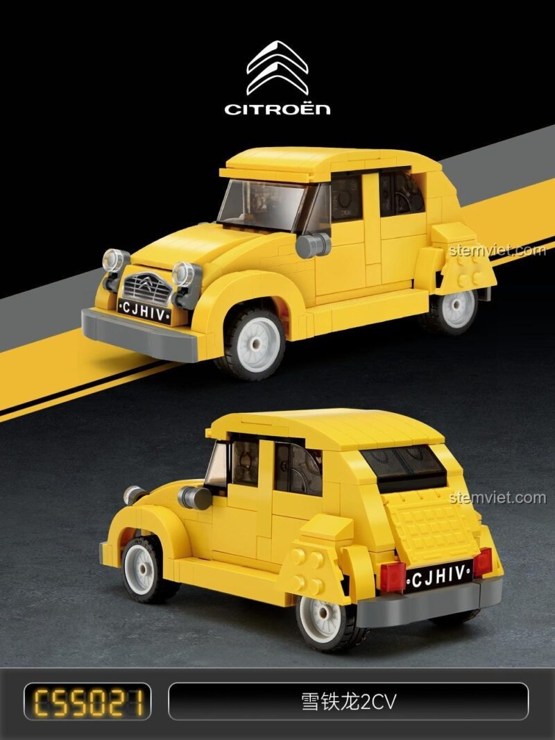 Poster quảng cáo bộ xếp hình CaDA C55021 Xe Citroën 2CV, thiết kế tinh xảo, màu vàng nổi bật.