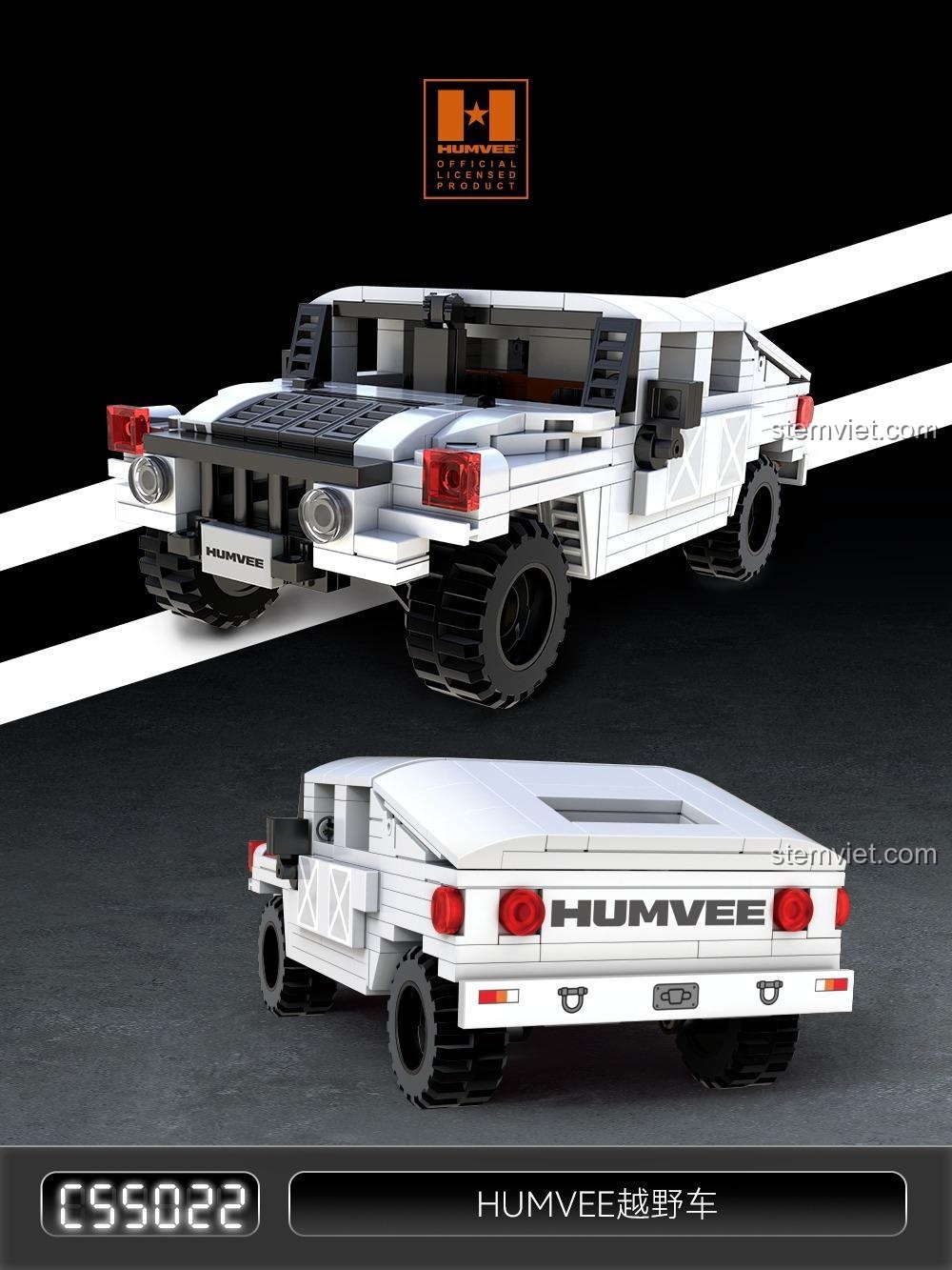 Ảnh quảng cáo bộ xếp hình Mô hình Humvee 55022, làm nổi bật thiết kế chi tiết và logo Humvee chính hãng.