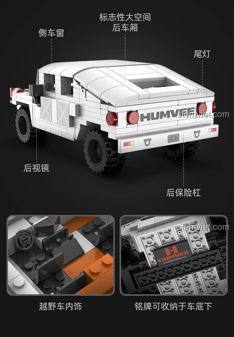 Chi tiết các bộ phận phía sau của mô hình Humvee 55022: cửa sổ bên, khoang sau rộng, đèn hậu, gương chiếu hậu, cản sau.