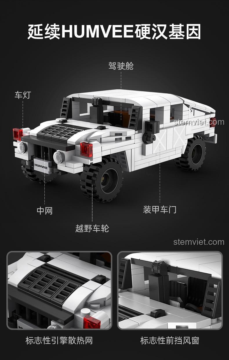Chi tiết các bộ phận phía trước của xe quân sự Humvee CaDA: đèn xe, lưới tản nhiệt, cửa bọc thép, bánh xe địa hình.