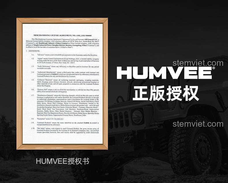 Giấy chứng nhận bản quyền chính hãng Humvee cho sản phẩm đồ chơi lắp ghép C55022 của CaDA.