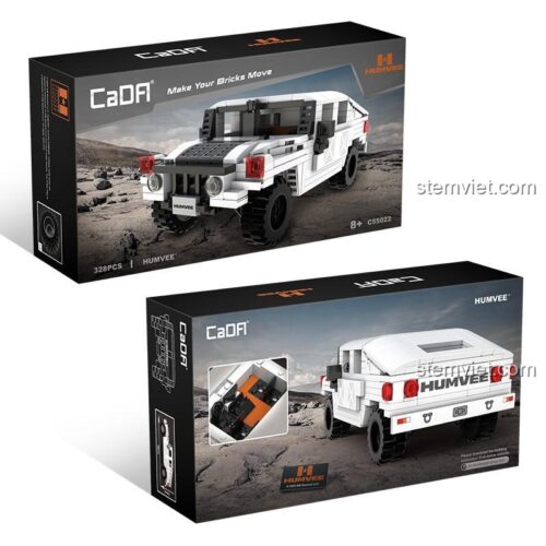Hộp sản phẩm đồ chơi mô hình Xe quân sự Humvee C55022 của CaDA, thể hiện rõ số chi tiết và độ tuổi khuyến nghị.