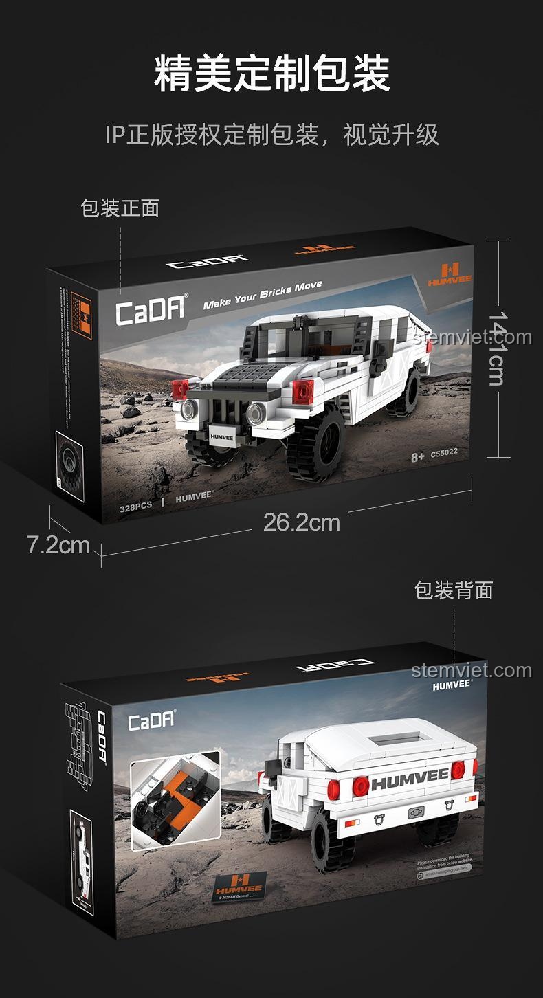 Kích thước hộp của đồ chơi mô hình Xe quân sự Humvee C55022, dài 26.2cm, cao 14.1cm, rộng 7.2cm.