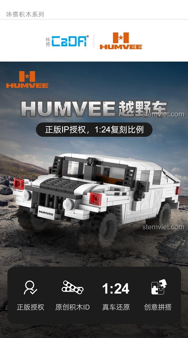 Poster giới thiệu bộ đồ chơi CaDA C55022 với các đặc điểm nổi bật: bản quyền chính hãng, tỉ lệ 1:24, thiết kế nguyên bản.