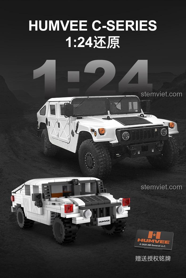 So sánh giữa mô hình lắp ráp Xe địa hình Humvee CaDA và xe thật, thể hiện độ chính xác tỉ lệ 1:24.