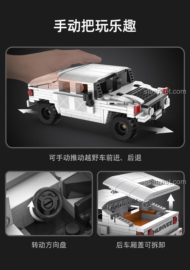 Các tính năng tương tác của bộ lắp ráp Xe địa hình Humvee CaDA: đẩy tiến/lùi, xoay vô lăng, tháo nắp thùng sau.