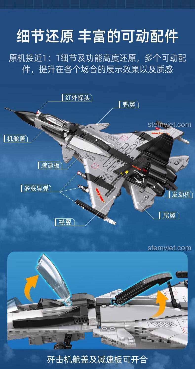 Chi tiết mô hình CaDA C56027 Máy bay tiêm kích hạm J-15, với các bộ phận có thể di chuyển như cánh, động cơ, phanh khí