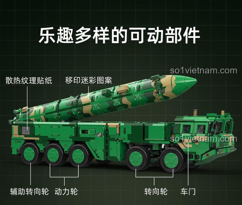 Các bộ phận có thể di chuyển linh hoạt trên mô hình CaDA C56031 Tên lửa đạn đạo chống hạm Đông Phong-21D, bao gồm bánh lái phụ, bánh động lực, bánh lái chính, cửa xe, đồ chơi lắp ghép CaDA C56031, tăng cường trải nghiệm chơi cho bé trai 8 tuổi