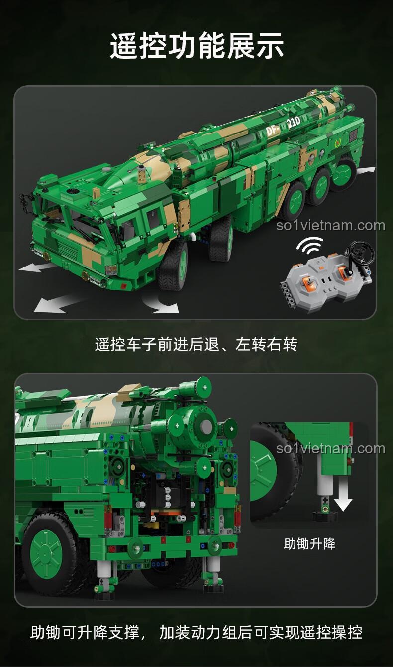 Chức năng điều khiển từ xa của CaDA C56031 Tên lửa đạn đạo chống hạm Đông Phong-21D: tiến, lùi, rẽ trái, rẽ phải, nâng hạ chân chống, đồ chơi mô hình CaDA C56031, điều khiển dễ dàng cho bé trai 8 tuổi