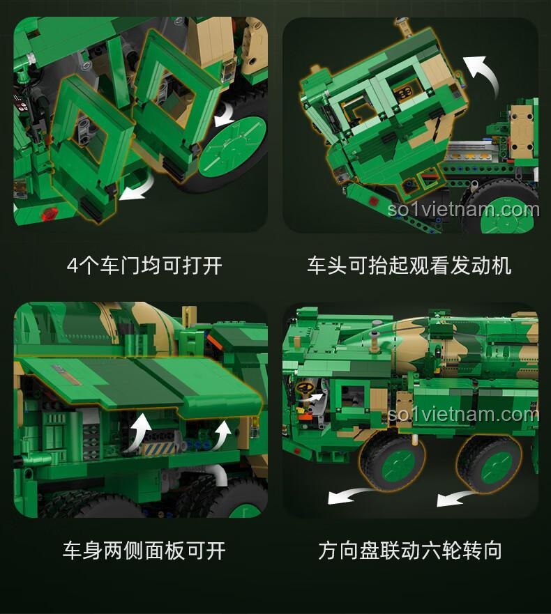 Các cửa xe có thể mở, nắp capo nâng lên, tấm bên hông mở và hệ thống lái 6 bánh liên kết trên CaDA C56031 Tên lửa đạn đạo chống hạm Đông Phong-21D, đồ chơi mô hình CaDA C56031, chi tiết chân thực cho bé trai 8 tuổi