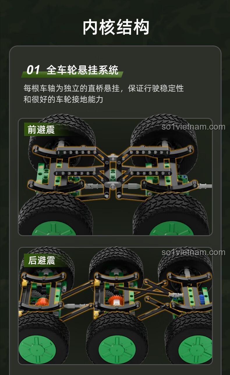 Hệ thống treo độc lập và giảm xóc trước sau của CaDA C56031 Tên lửa đạn đạo chống hạm Đông Phong-21D, đảm bảo ổn định khi di chuyển, đồ chơi xây dựng C56031, kỹ thuật cao cho bé trai 8 tuổi