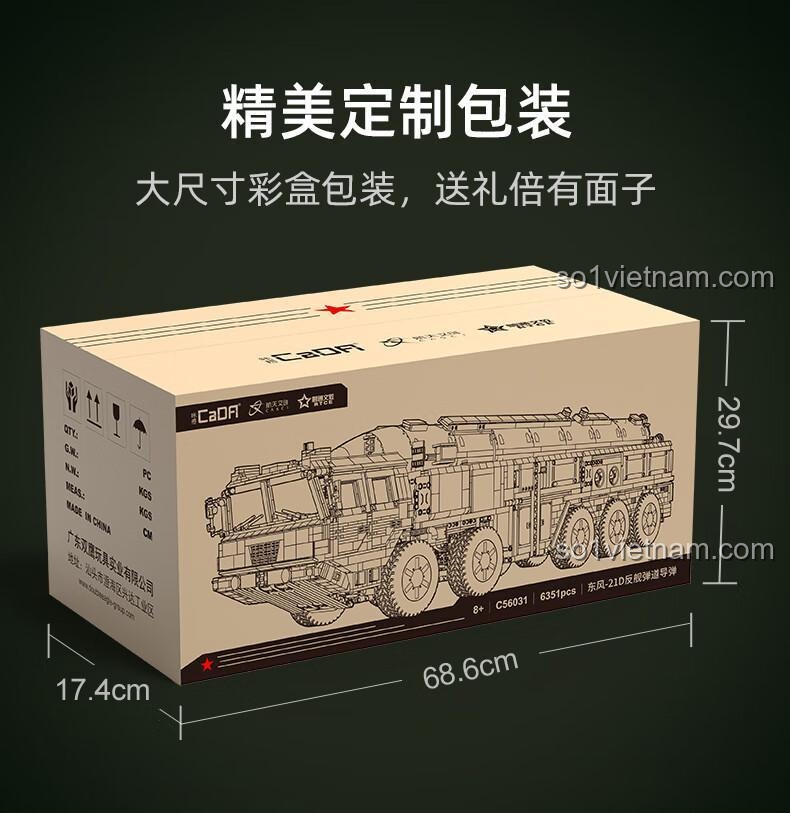 Kích thước hộp đóng gói tinh xảo của CaDA C56031 Tên lửa đạn đạo chống hạm Đông Phong-21D, hộp màu lớn, thích hợp làm quà tặng, đồ chơi mô hình CaDA C56031, giá tốt cho bé trai 8 tuổi