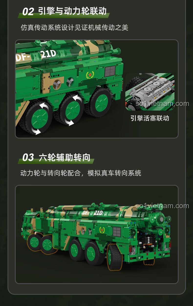 Liên kết động cơ và bánh xe, piston chuyển động, hệ thống lái 6 bánh phụ trợ trên CaDA C56031 Tên lửa đạn đạo chống hạm Đông Phong-21D, đồ chơi mô hình CaDA C56031, mô phỏng chân thực cho bé trai 8 tuổi