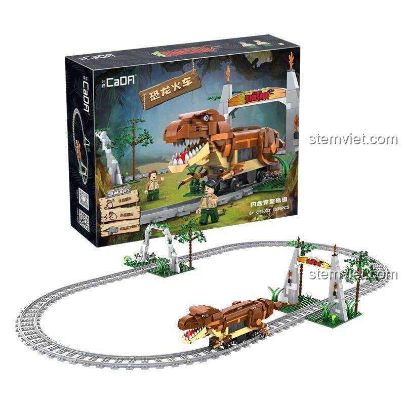 Hộp bộ xếp hình mô hình khủng long bạo chúa chạy điện C59003 từ CaDA, kèm đường ray và minifigure, món quà đáng tiền cho bé trai.
