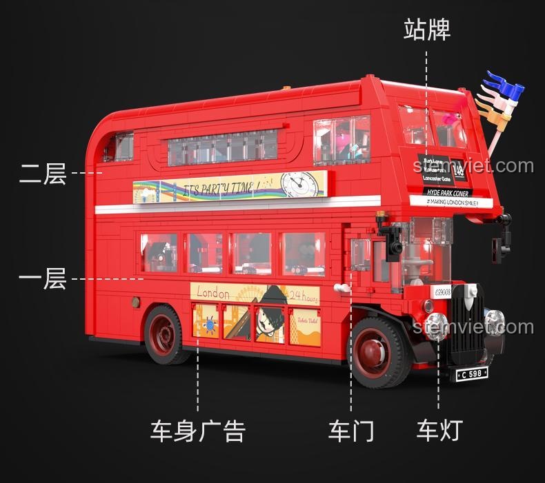 Các chi tiết ngoại thất của bộ lắp ghép CaDA C59008 Xe buýt du lịch cổ điển Luân Đôn, bao gồm biển báo, cửa xe, đèn xe và quảng cáo thân xe, thể hiện độ chi tiết cao.