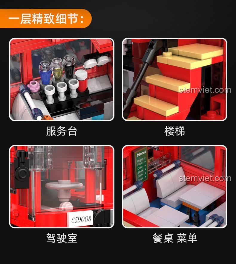 Các chi tiết tinh xảo ở tầng một của bộ lắp ghép CaDA C59008 Xe buýt du lịch cổ điển Luân Đôn, bao gồm quầy dịch vụ, cầu thang, buồng lái và bàn ăn với menu, đồ chơi mô hình chất lượng.