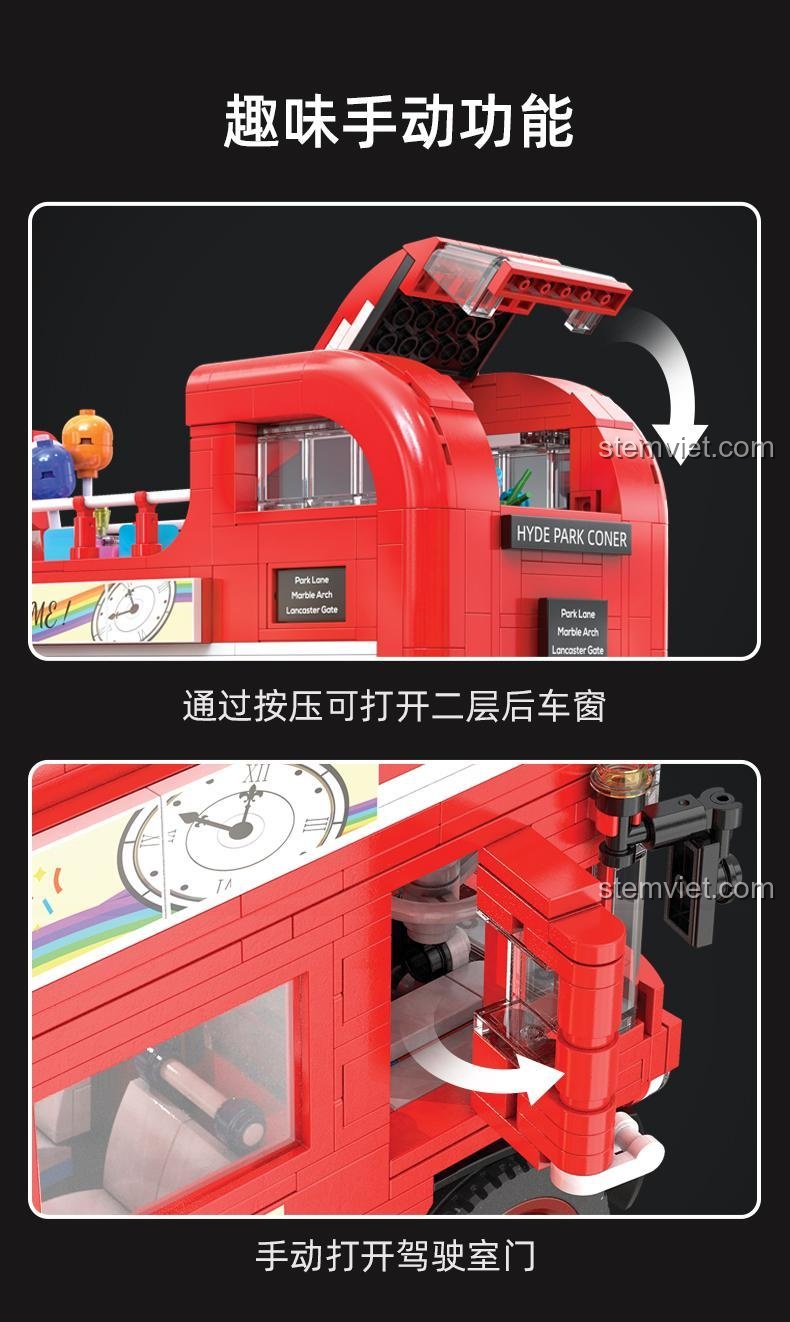 Các chức năng thủ công thú vị của bộ lắp ghép CaDA C59008 Xe buýt du lịch cổ điển Luân Đôn, bao gồm cửa sổ tầng hai và cửa buồng lái có thể mở, tăng cường tương tác khi chơi.