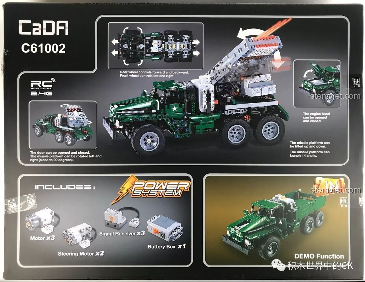 Mặt sau hộp CaDA C61002 BM-21 Combat Vehicle, hiển thị các chức năng và chế độ chơi.