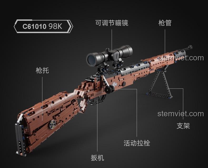 CaDA Súng bắn tỉa Kar98k C61010, chi tiết súng Kar98k với kính ngắm, báng súng, cò súng và chân chống, đồ chơi cho học sinh tiểu học.