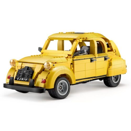 Mô hình xe Citroën 2CV C61026 của CaDA nhìn từ phía trước, màu vàng nổi bật. Bộ lắp ráp Xe Citroën 2CV này là món quà tuyệt vời cho bé trai 8 tuổi.