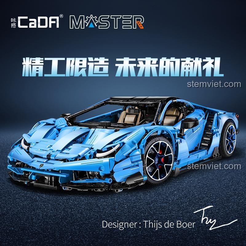 Ảnh quảng cáo bộ xếp hình Mô hình Lamborghini Centenario 1:8 với dòng chữ 'Chế tác tinh xảo, món quà của tương lai'.