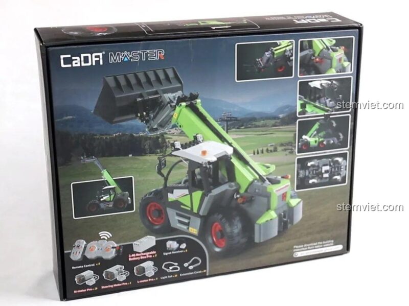 Mặt sau hộp bộ lắp ráp Xe Nâng Kính Viễn Vọng CaDA C61051, mô tả chi tiết các chức năng điều khiển từ xa như nâng hạ, vươn cần và di chuyển.