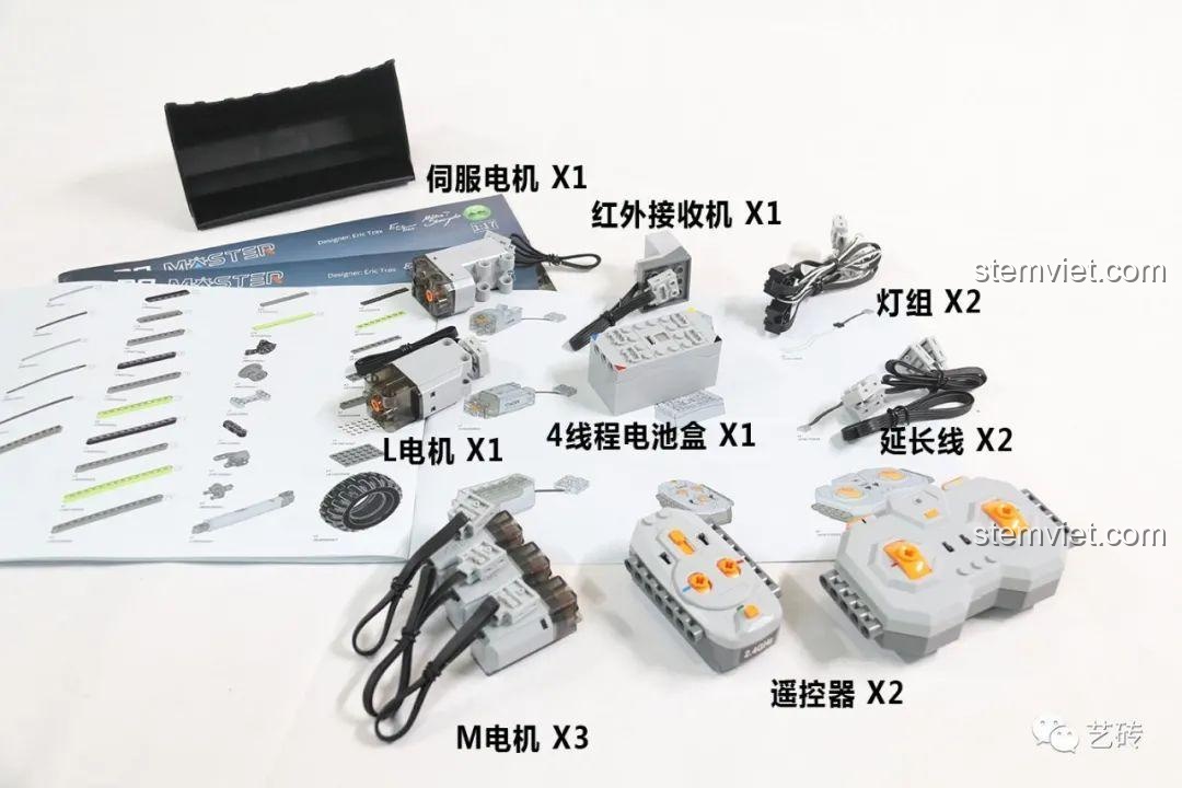 Toàn bộ phụ kiện điện tử của bộ đồ chơi lắp ghép CaDA C61051, bao gồm 2 điều khiển từ xa, hộp pin, các loại động cơ và đèn LED.