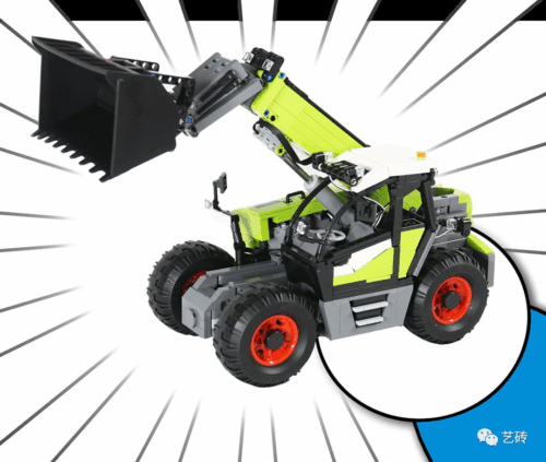 Mô hình đồ chơi lắp ráp CaDA C61051 Xe Nâng Gắp Đa Năng màu xanh lá và xám, với gầu xúc lớn đang được nâng lên. Sản phẩm dành cho con trai 14 tuổi, giá tốt.