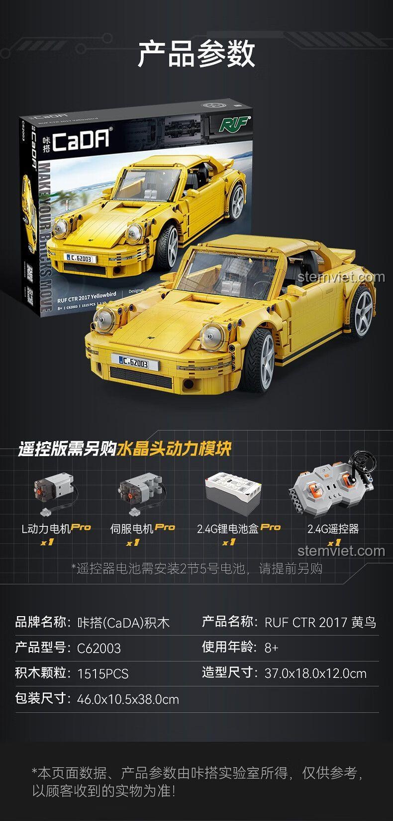 Thông số kỹ thuật bộ lắp ghép CaDA C62003 Siêu xe RUF CTR 2017 Yellowbird: 1515 mảnh, độ tuổi 8+, kích thước 37x18x12cm, hộp 46x38x10.5cm, có thể nâng cấp RC.