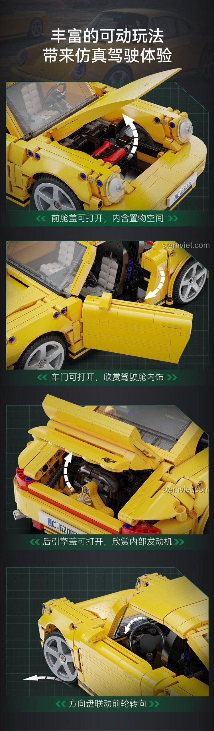 Tính năng cơ bản của bộ lắp ghép CaDA C62003 Siêu xe RUF CTR 2017 Yellowbird: mở nắp capo, cửa, động cơ, vô lăng liên kết, mang lại trải nghiệm lái chân thực.