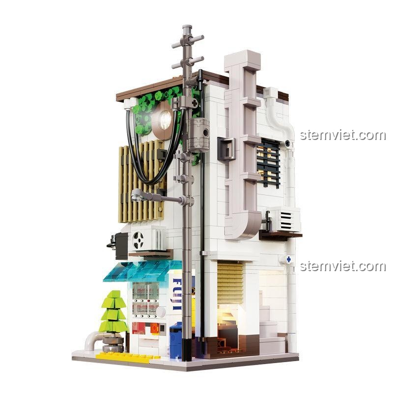 Mặt sau của bộ xếp hình Mô Hình Cửa Hàng Bánh Bao CaDA C66006, với các chi tiết cửa sổ và đường ống, đồ chơi xây dựng phong cách Nhật Bản.