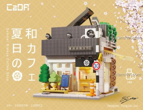 Hộp sản phẩm đồ chơi mô hình CaDA C66007 Tiệm cà phê phong cách Nhật Bản, có ghi rõ số chi tiết 1108 mảnh và tính năng đèn LED.