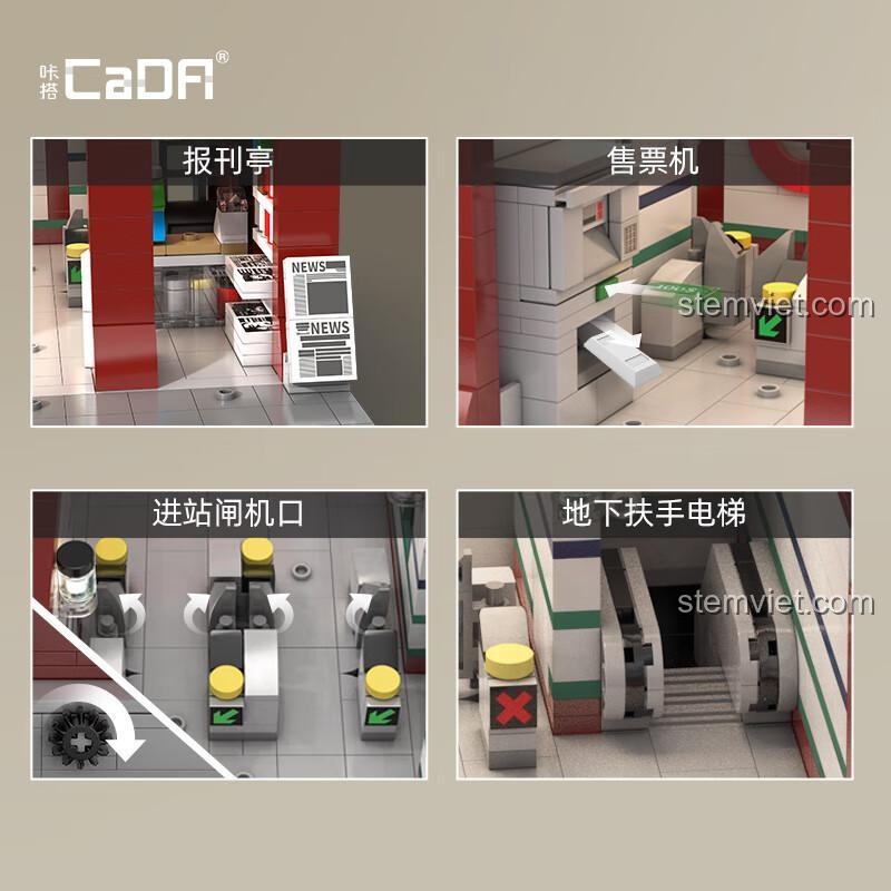 Các chi tiết nhỏ tinh xảo của bộ lắp ghép CaDA C66008: sạp báo, máy bán vé tự động, cửa soát vé và thang cuốn.