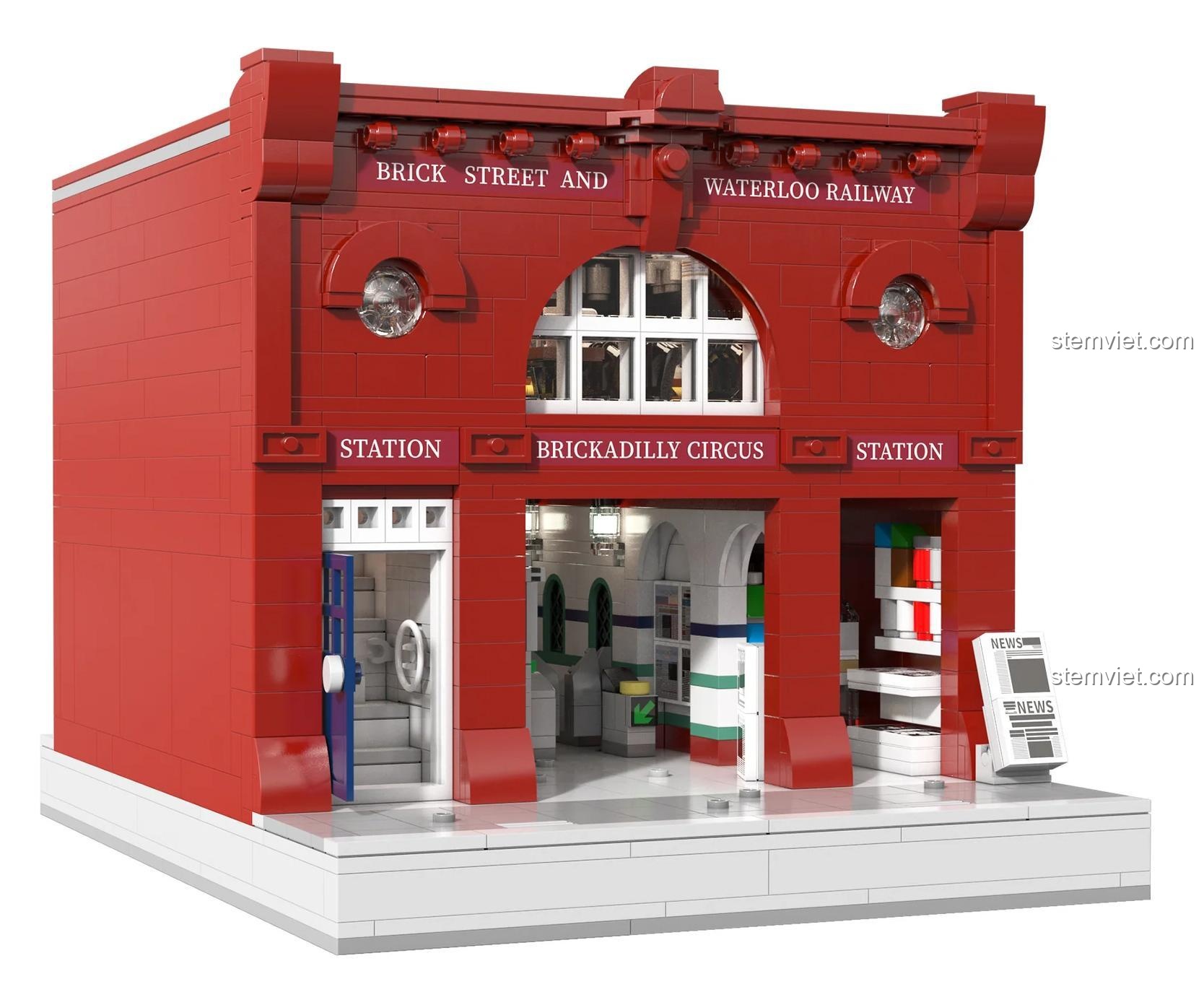 Góc nhìn nghiêng từ trên xuống của đồ chơi mô hình Biểu tượng London C66008, cho thấy sự chi tiết của mặt tiền và vỉa hè.