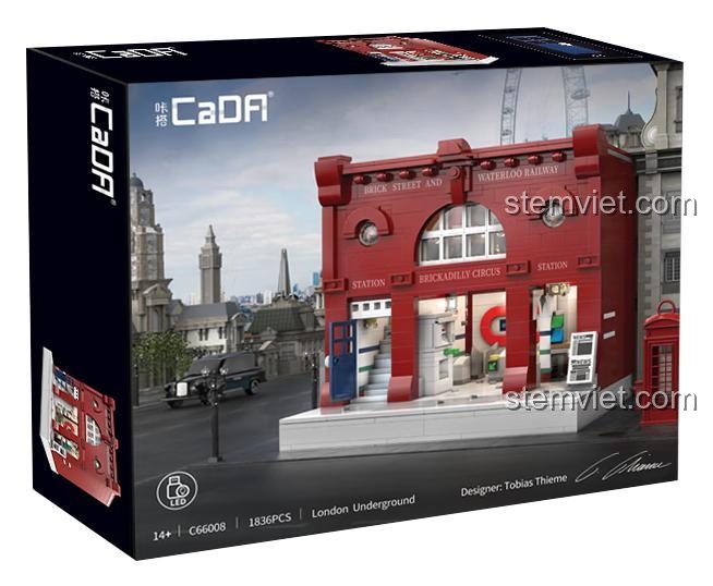Hộp sản phẩm bộ xếp hình CaDA C66008 Ga Tàu điện ngầm London, thể hiện hình ảnh mô hình hoàn chỉnh trong bối cảnh thành phố London.