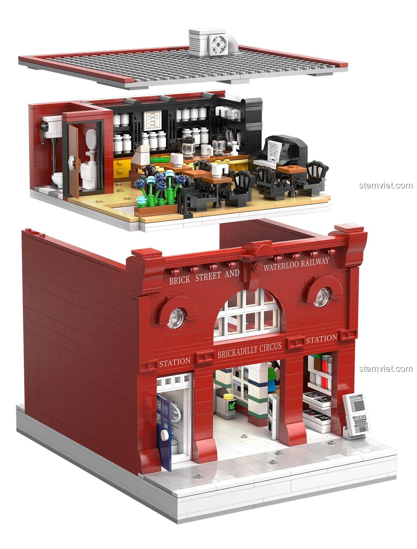 Mô hình CaDA C66008 được tách thành 3 phần: mái, tầng trên (quán cà phê) và tầng trệt (khu vực ga).