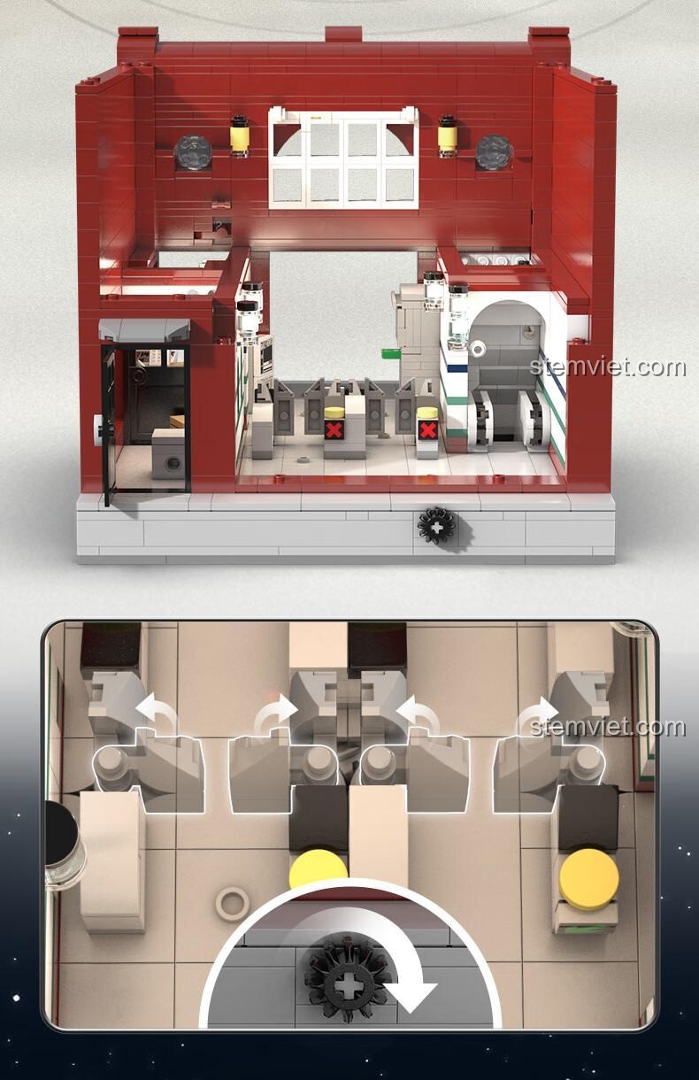 Tính năng chuyển động của cửa soát vé trong bộ đồ chơi xây dựng CaDA C66008, được điều khiển bằng một bánh răng bên hông.