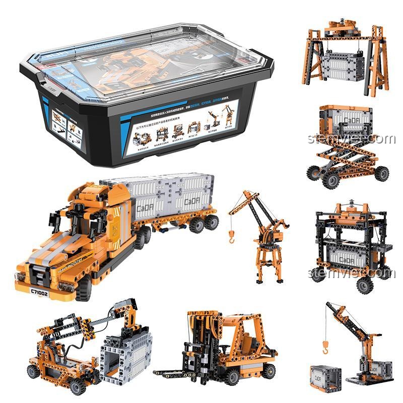 Toàn bộ 10 mô hình xe công trình bến cảng và hộp đựng tiện lợi trong bộ lắp ráp Double Eagle C71002, món quà giá tốt cho bé 6 tuổi.