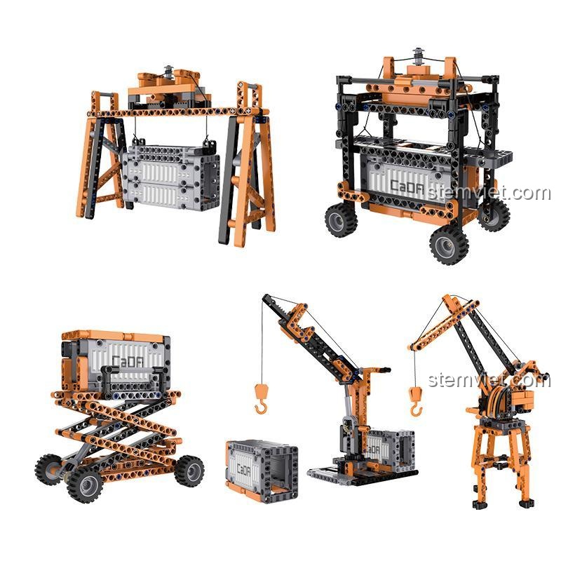 Các mẫu cần cẩu giàn và xe công trình bến cảng khác có thể lắp được từ bộ xếp hình CaDA 71002, đồ chơi sáng tạo cho bé trai.