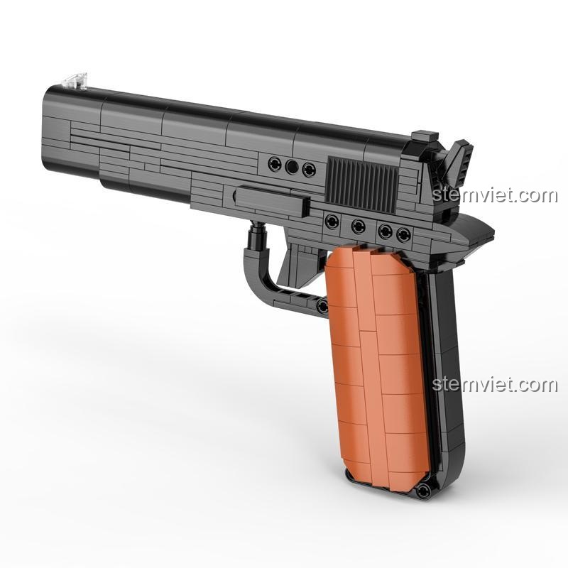 Bộ lắp ráp súng ngắn M1911 CaDA C81012 với chi tiết sắc nét, màu đen và nâu, món quà sáng tạo cho con trai.