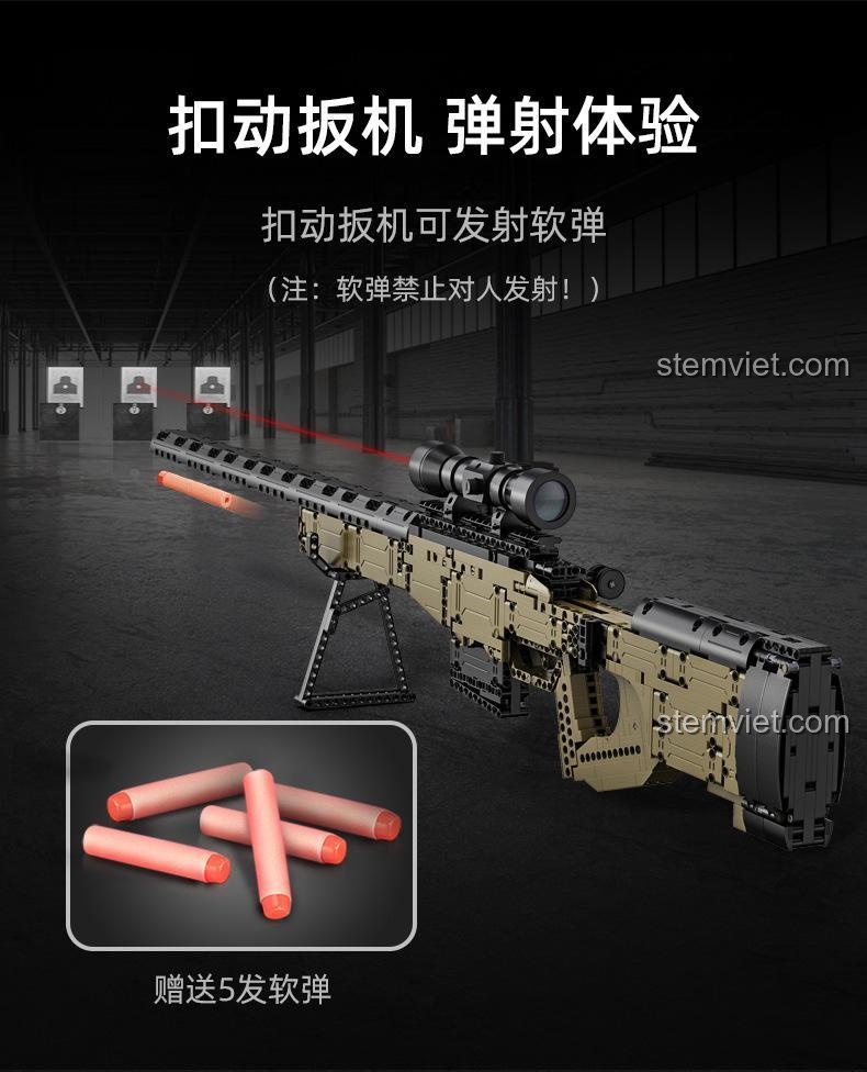 Cơ chế hoạt động của Súng bắn tỉa CaDA C81053 phiên bản màu nâu: tháo băng đạn, lên đạn, nạp đạn xốp, bắn đạn bằng cò súng. Đồ chơi mô hình súng bắn tỉa.
