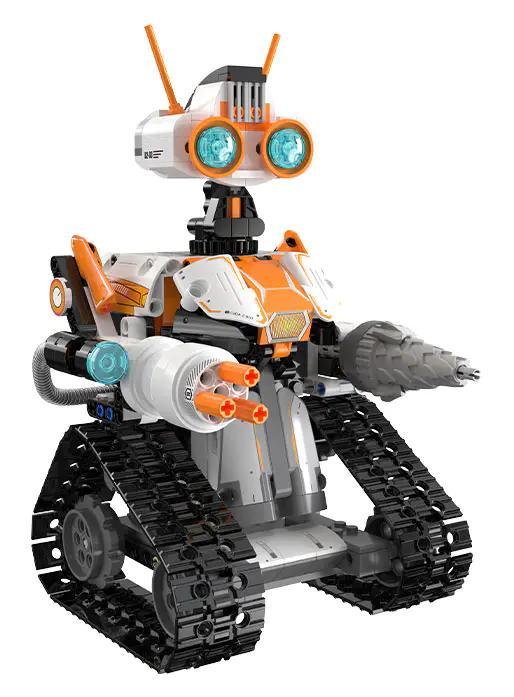 Robot Z.BOT Lập Trình CaDA C83002 màu trắng cam với bánh xích, vũ khí hai bên và đầu robot có mắt xanh phát sáng