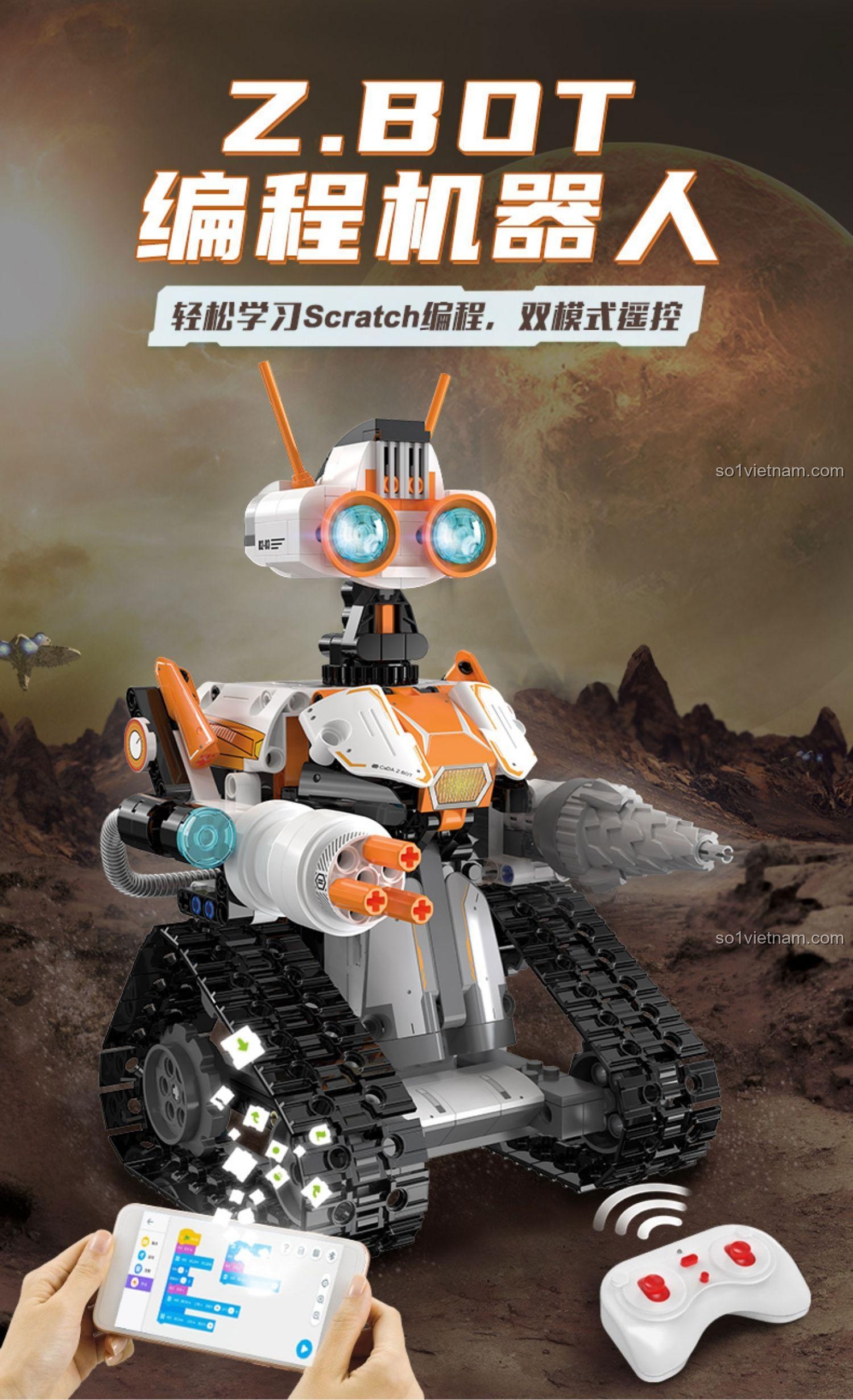 Hình ảnh quảng cáo Robot Z.BOT Lập Trình CaDA C83002 với người đang điều khiển bằng điện thoại và remote