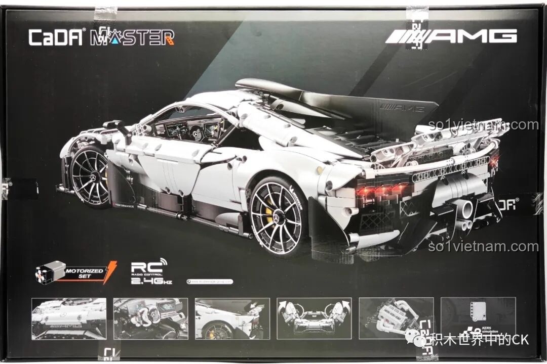 Mặt sau hộp CaDA Mercedes-AMG ONE C61503 giới thiệu các tính năng và phụ kiện đi kèm